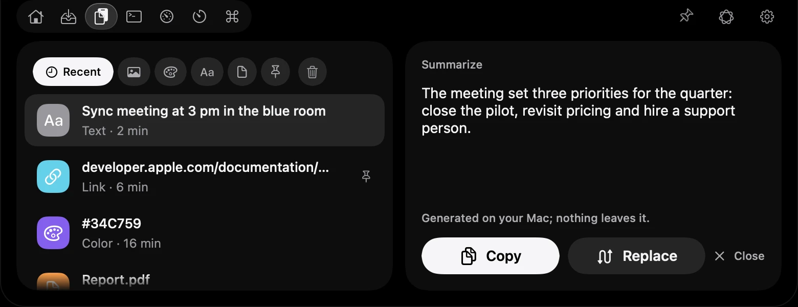 Notchwake island open at the notch on a MacBook, on the Clipboard tab with a text summary made on the Mac