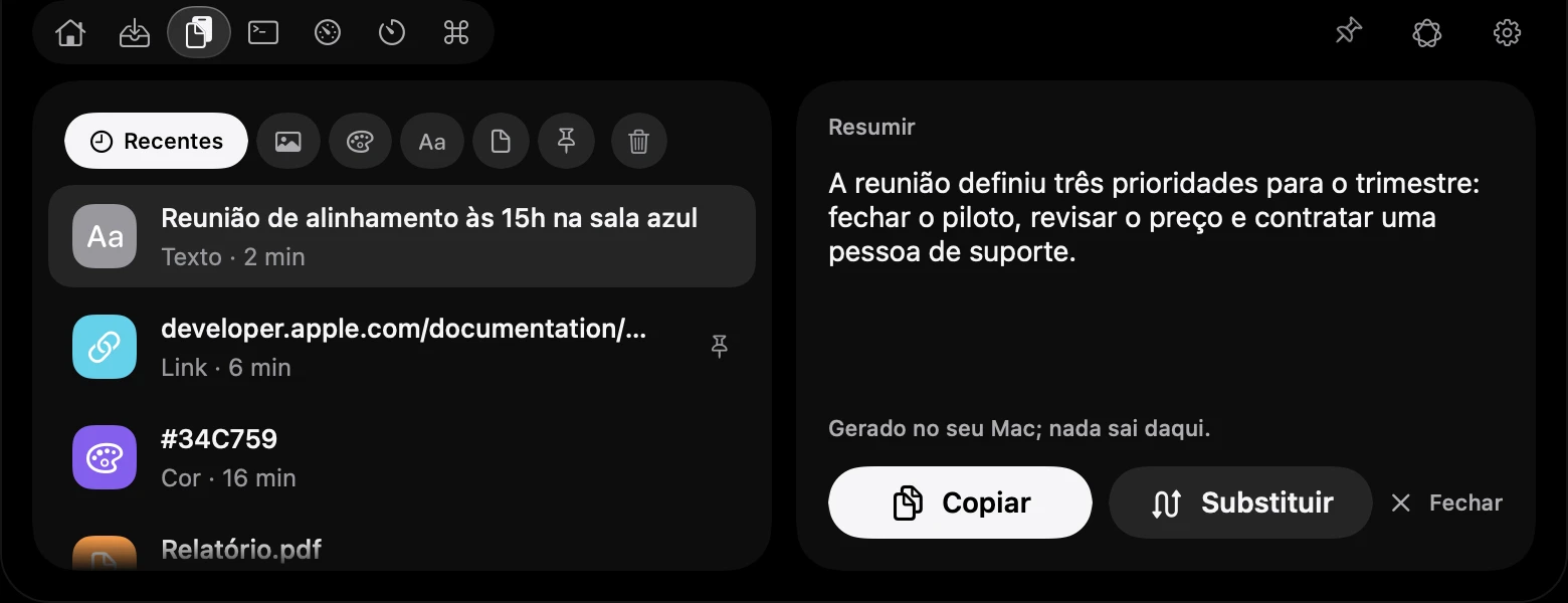 Ilha do Notchwake aberta no notch de um MacBook, na aba Clipboard, com o resumo de um texto feito no Mac