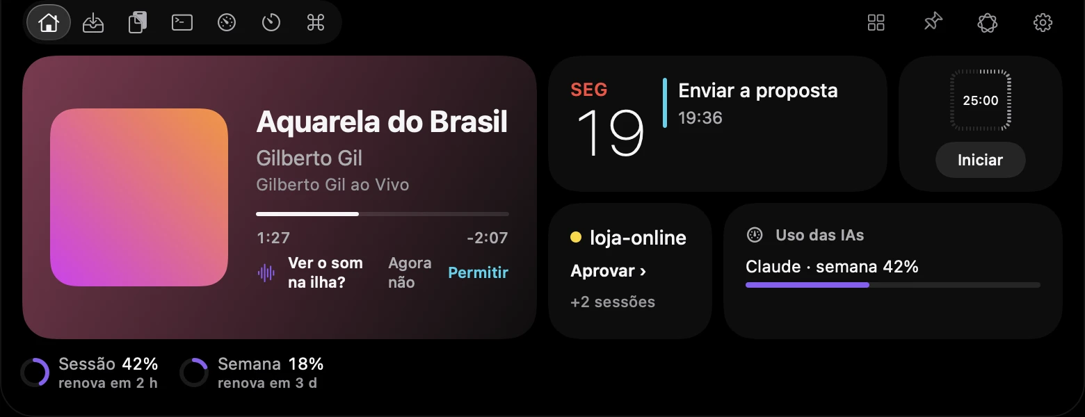 Ilha do Notchwake aberta no notch de um MacBook, na aba Início, com a música tocando, a agenda do dia, o timer, uma sessão de agente e o uso das IAs