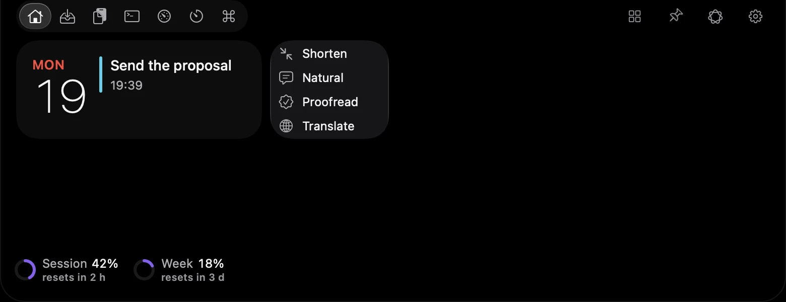 Island home with the quick note menu showing Shorten, More natural, Fix and Translate