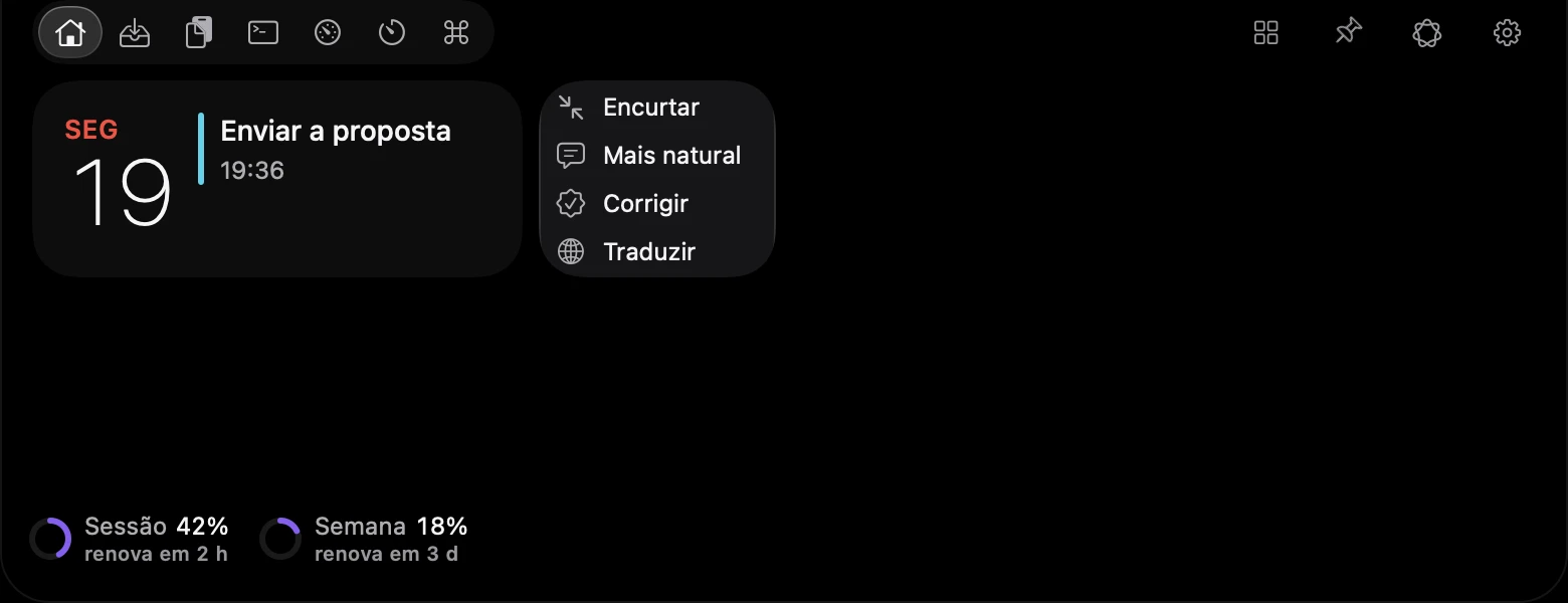 Início da ilha com o menu da nota rápida mostrando Encurtar, Mais natural, Corrigir e Traduzir