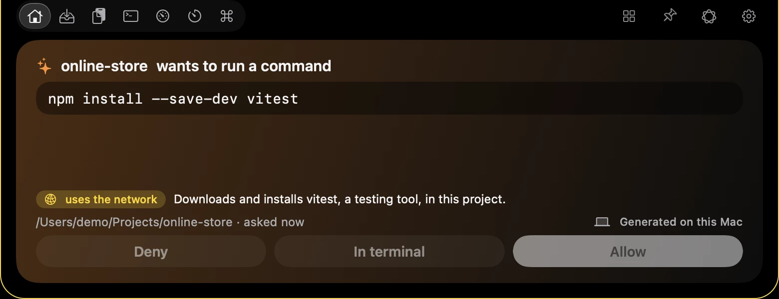 Island home with a permission request for npm install, a network access tag and a sentence explaining that it downloads and installs vitest