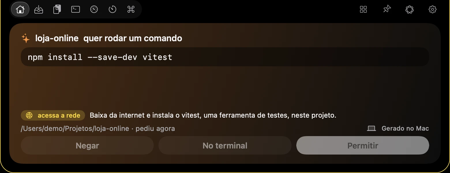 Início da ilha com um pedido de permissão para npm install, um selo de acesso à rede e uma frase explicando que baixa e instala o vitest