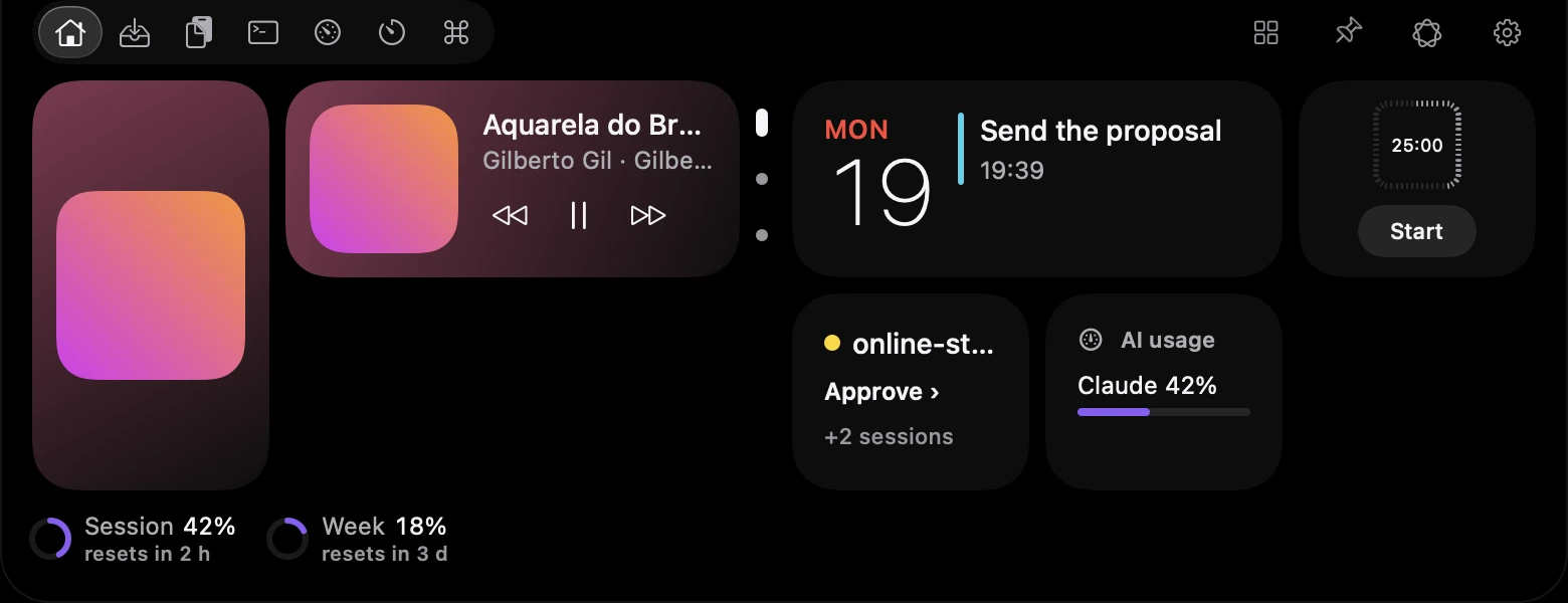 Island home with cards for music, calendar, timer, an agent session and AI usage