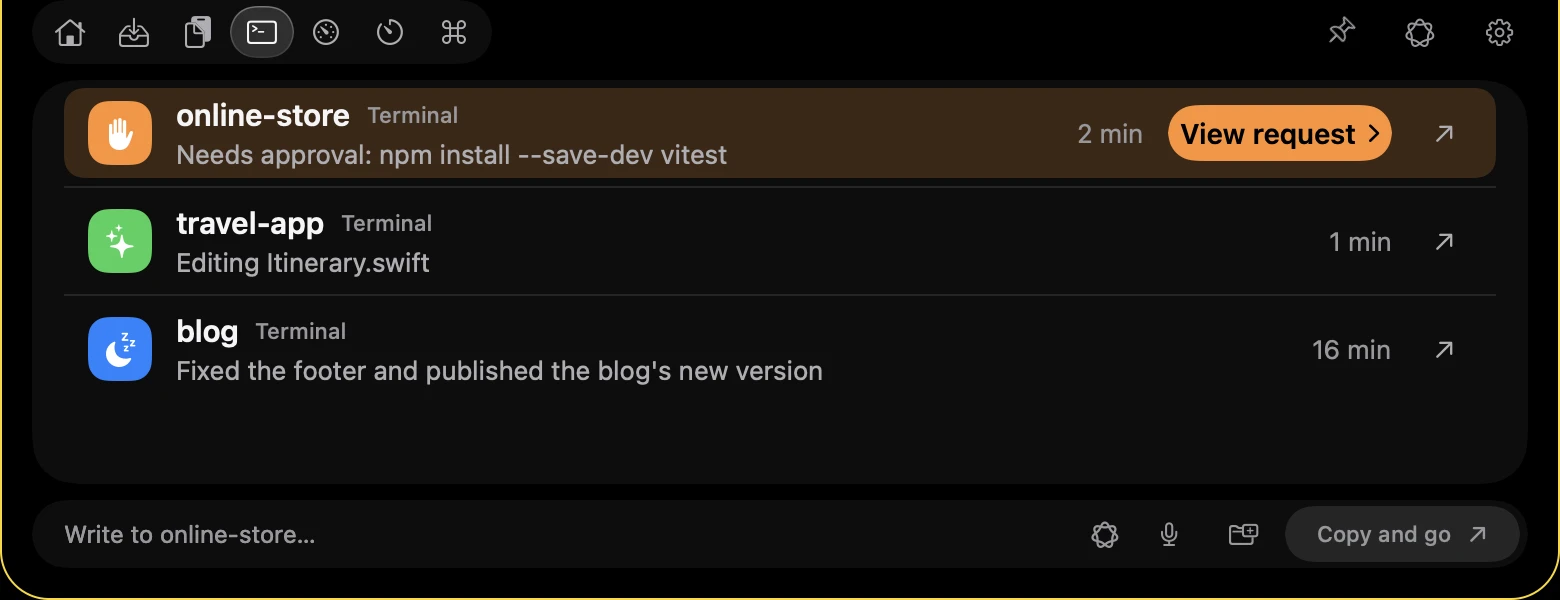 Notchwake island open at the notch on a MacBook, on the Agents tab with an agent asking approval to run npm install