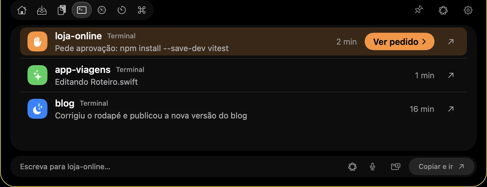 Ilha do Notchwake aberta no notch de um MacBook, na aba Agentes, com um agente pedindo aprovação para rodar npm install