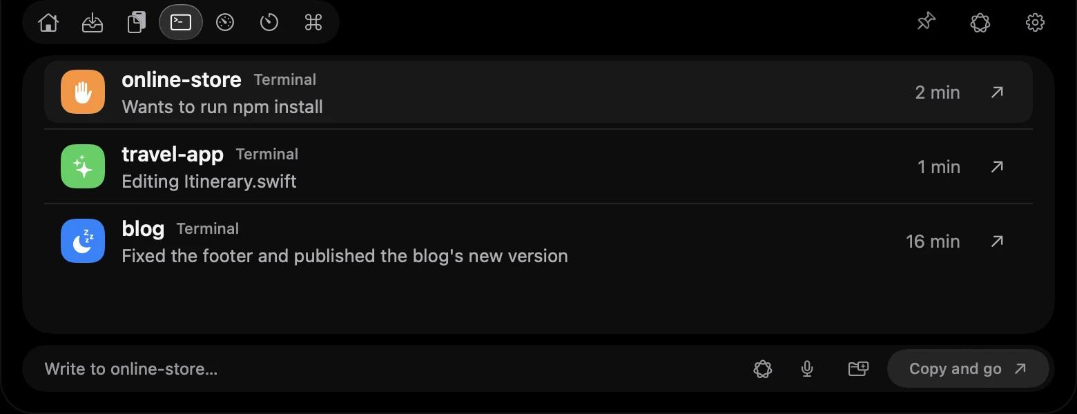 Agents tab with three sessions: online-store wanting to run npm install, travel-app editing a file and blog done
