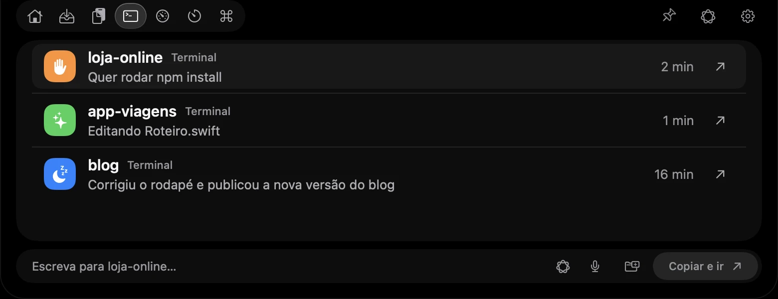 Aba Agentes com três sessões: loja-online querendo rodar npm install, app-viagem editando um arquivo e blog concluída