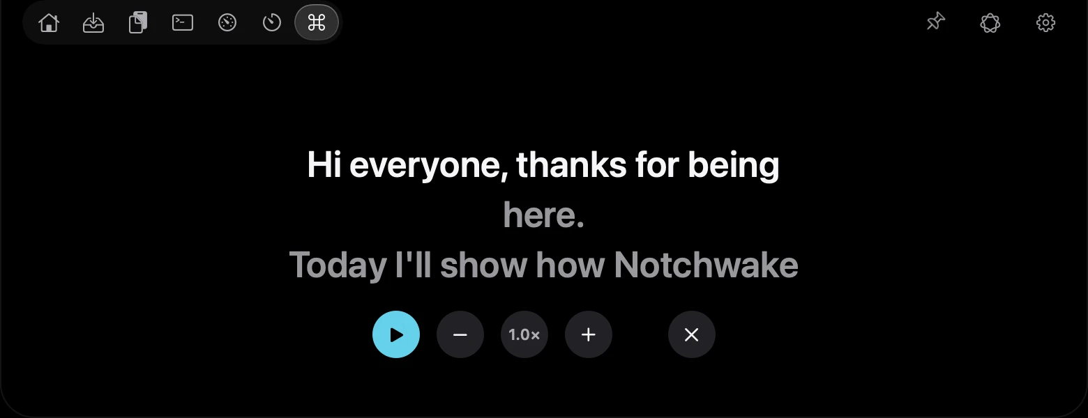 Teleprompter in the Shortcuts tab, with scrolling text and speed controls