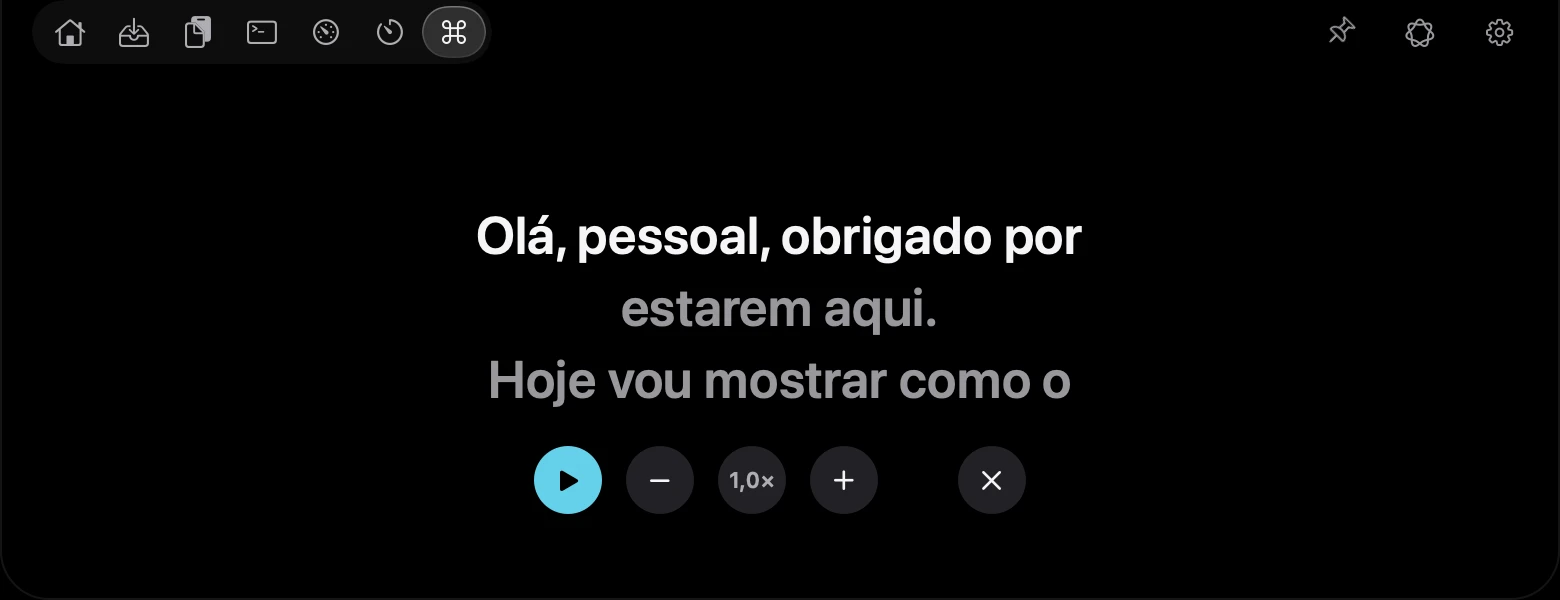 Teleprompter na aba Atalhos, com o texto rolando e os controles de velocidade