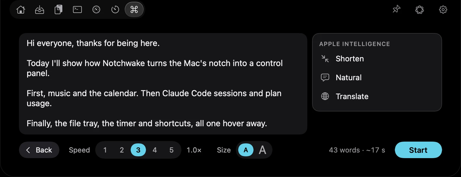 Teleprompter script with the Apple Intelligence menu open, showing Shorten, More natural and Translate