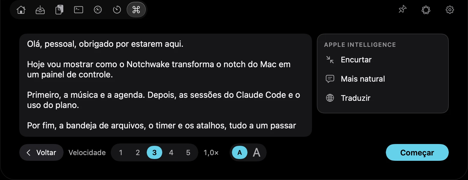 Roteiro do Teleprompter com o menu Apple Intelligence aberto, mostrando Encurtar, Mais natural e Traduzir
