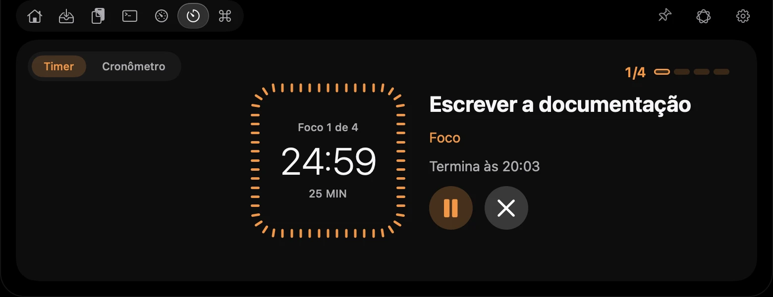 Aba Timer com um Pomodoro em andamento