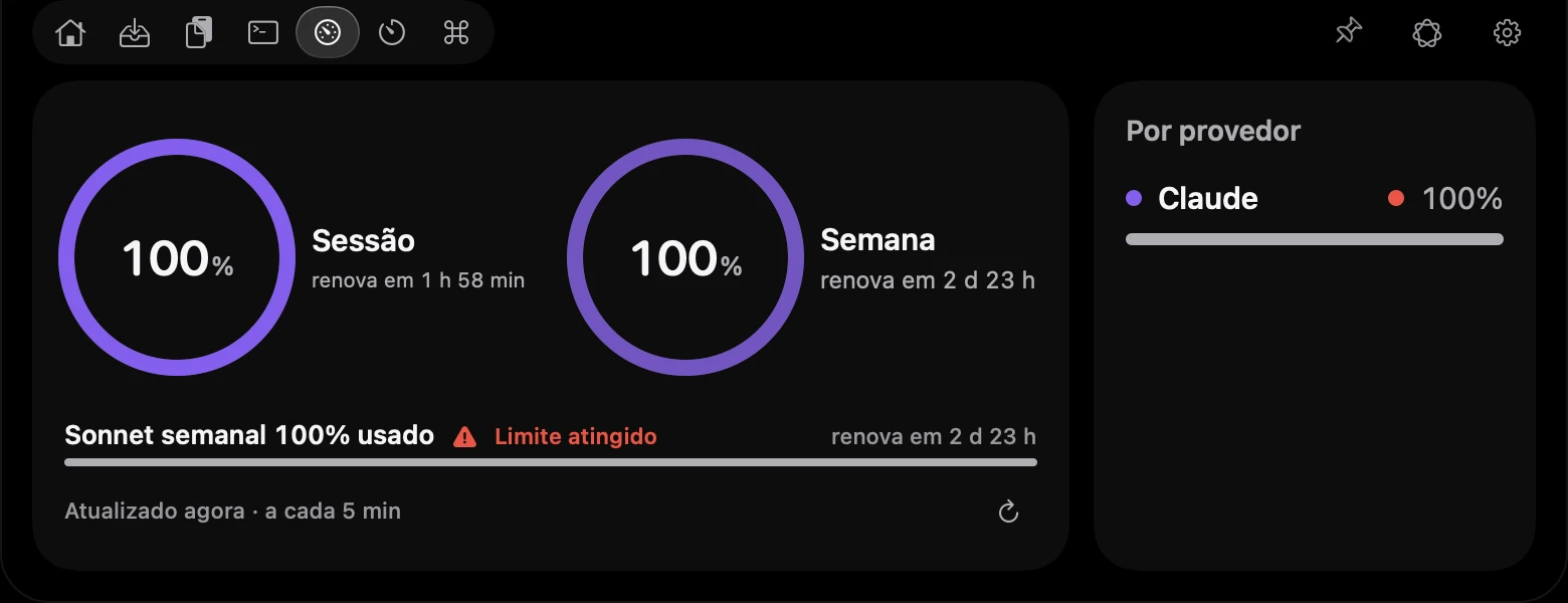 Aba Uso com os anéis de sessão e semana, a barra do Sonnet semanal e a lista por provedor, Claude e Codex